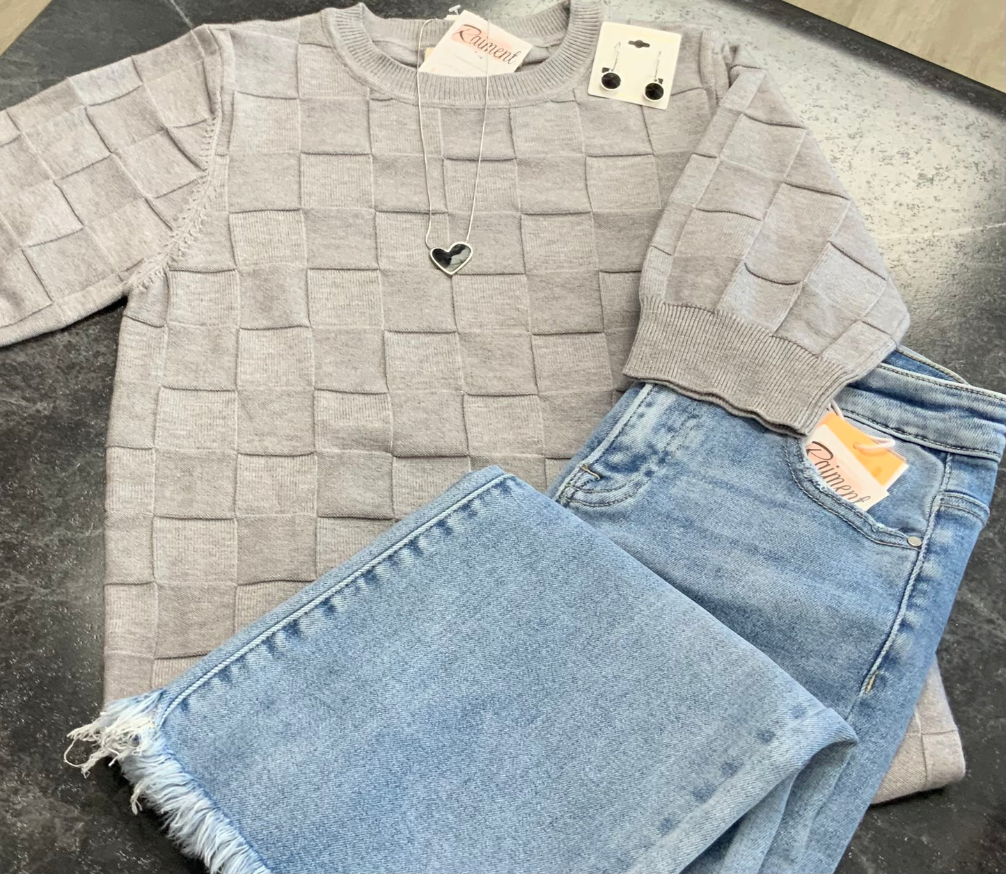 Checkered Short Sleeve Sweater GRAY