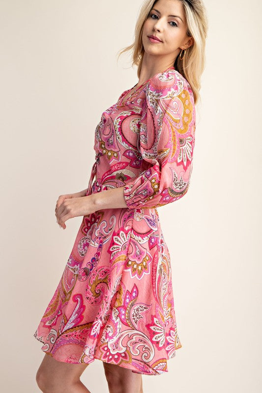 Paisley Puff Sleeve Dress PINK