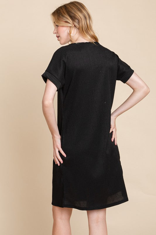Crinkle V~Neck Dress BLACK