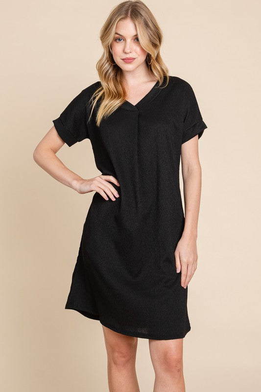 Crinkle V~Neck Dress BLACK
