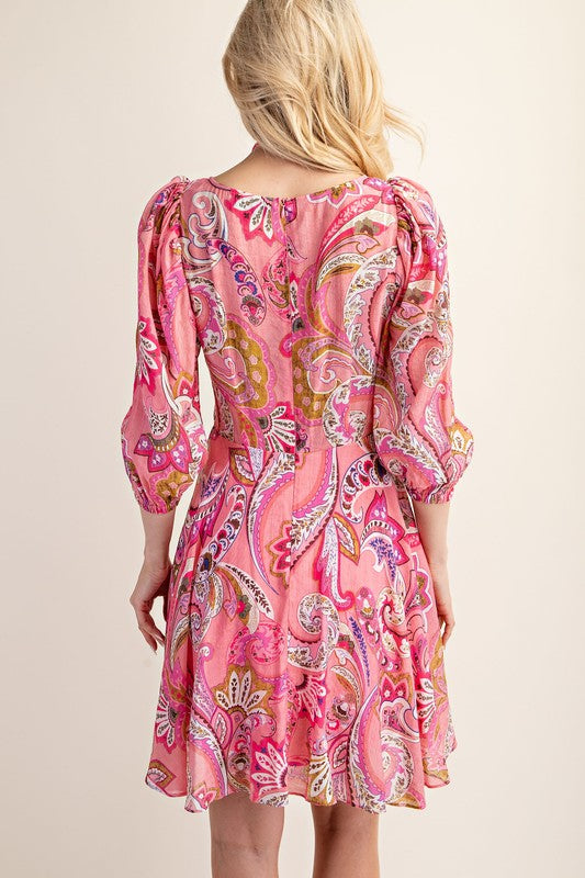 Paisley Puff Sleeve Dress PINK