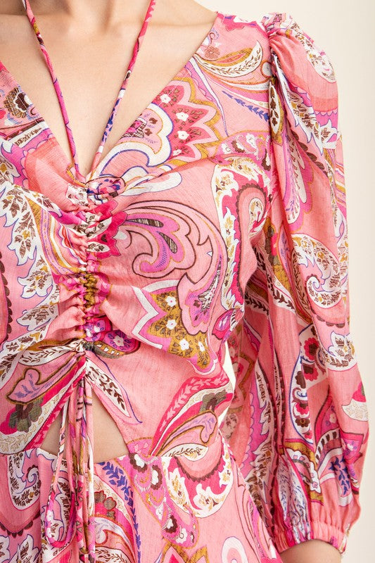 Paisley Puff Sleeve Dress PINK