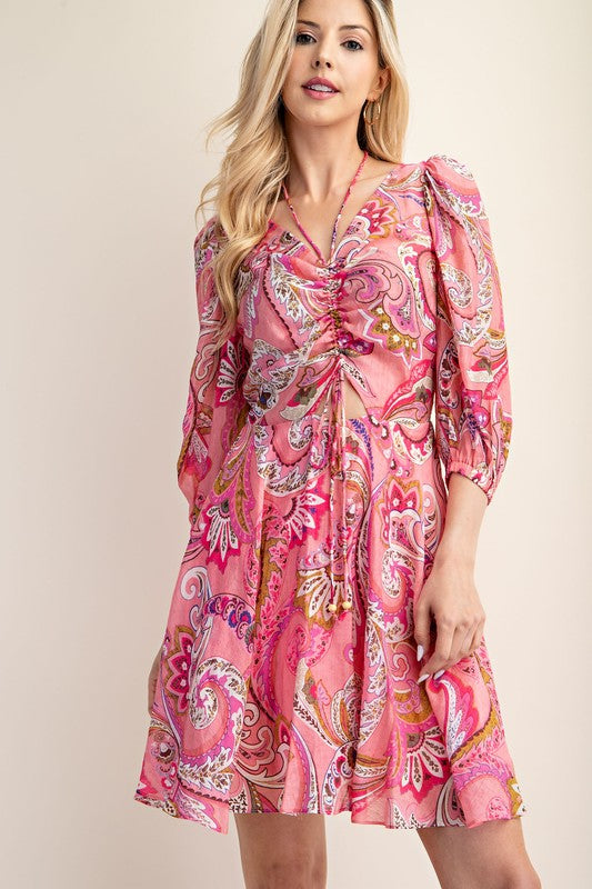 Paisley Puff Sleeve Dress PINK