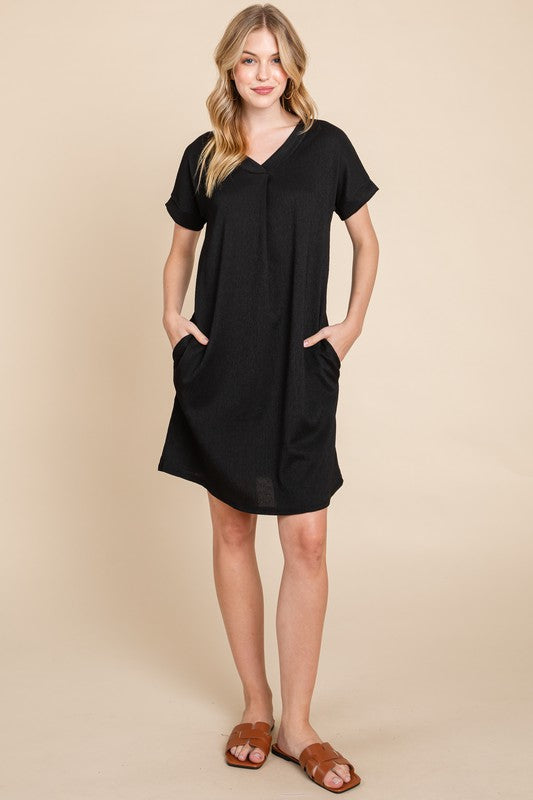 Crinkle V~Neck Dress BLACK