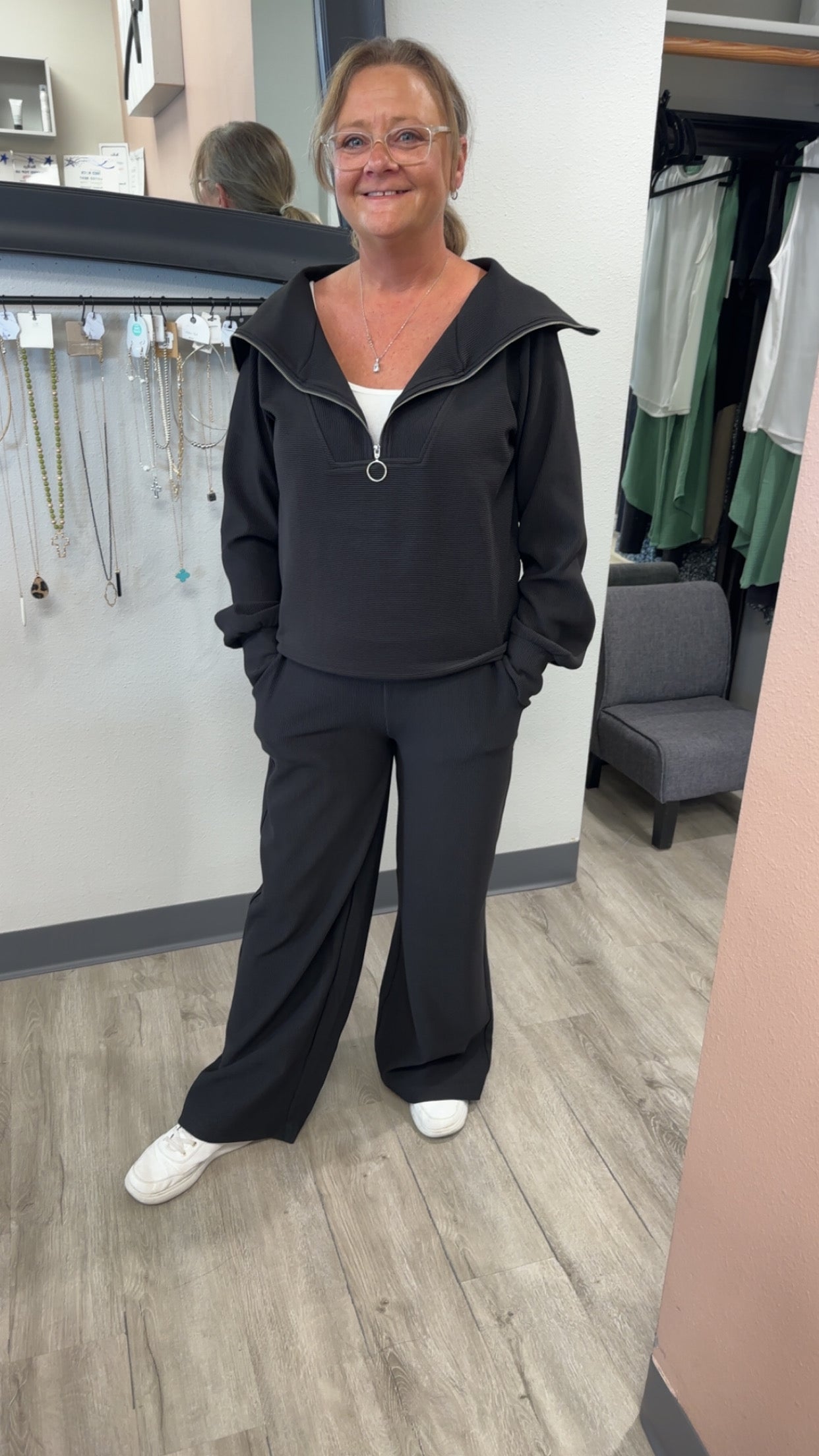 Ribbed 1/4 Zip Pullover & Pant Set 28" BLACK