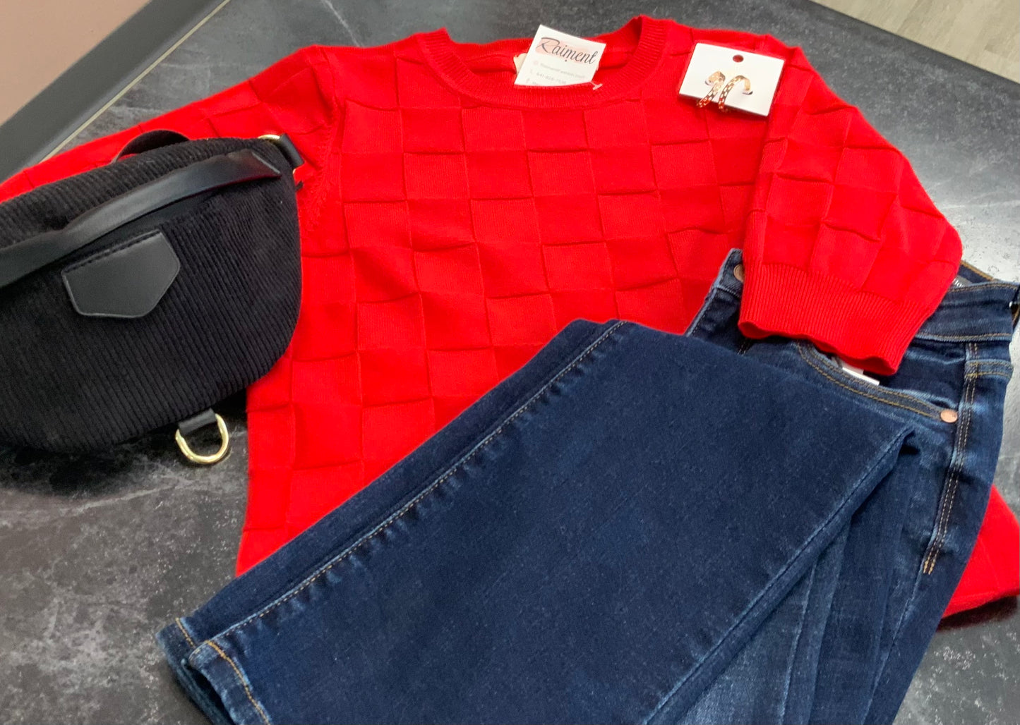 Checkered Short Sleeve Sweater RED