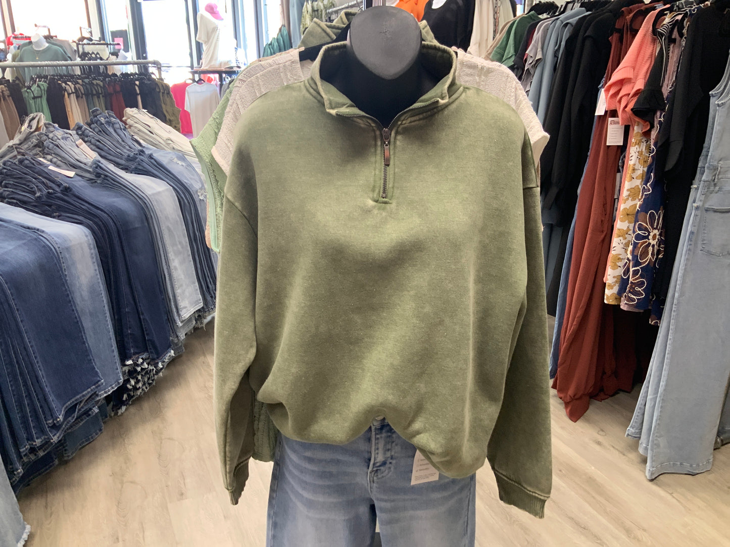 1/4 Zip Acid Wash Pullover OLIVE