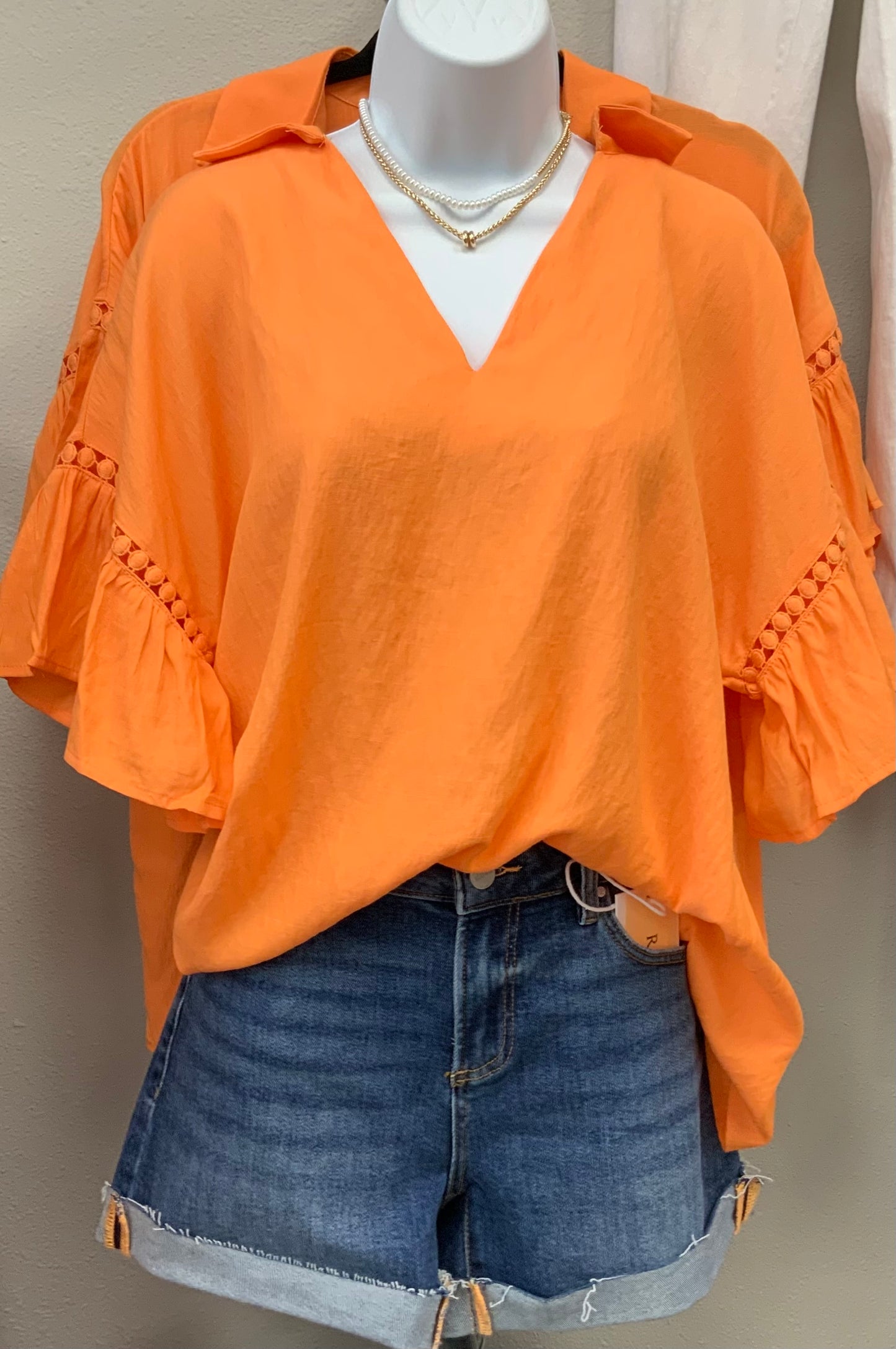 Woven Detail Ruffle Sleeve ORANGE