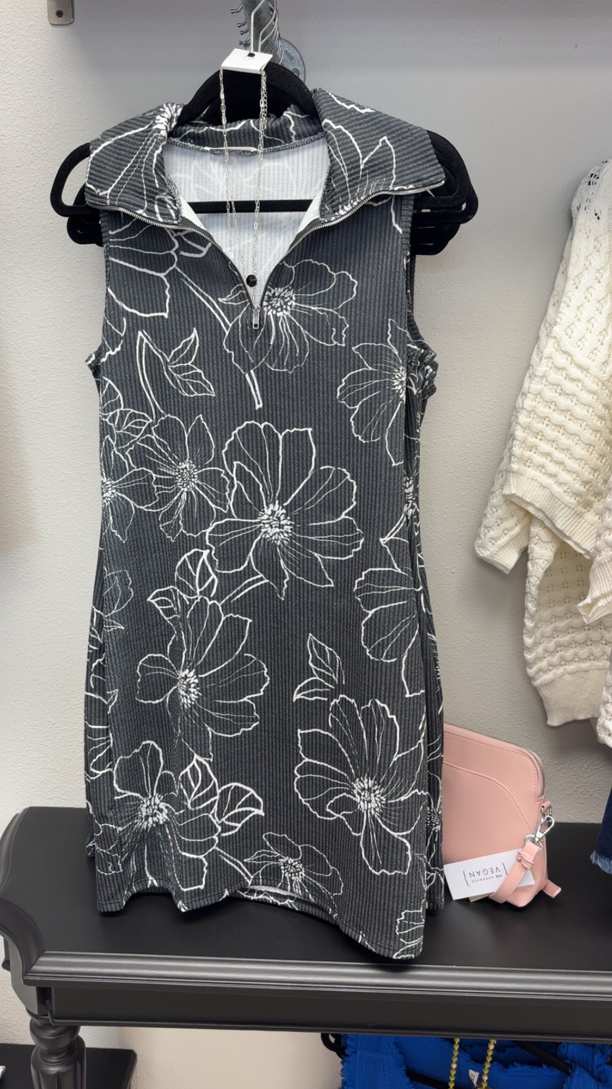 Floral Zip Up Collared Dress BLACK