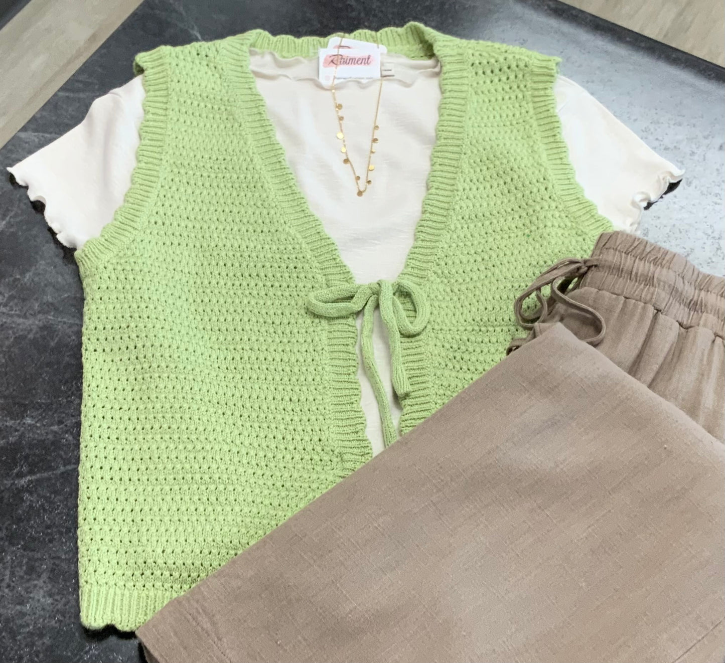 Scalloped Edge Bow Cardigan PISTACHIO
