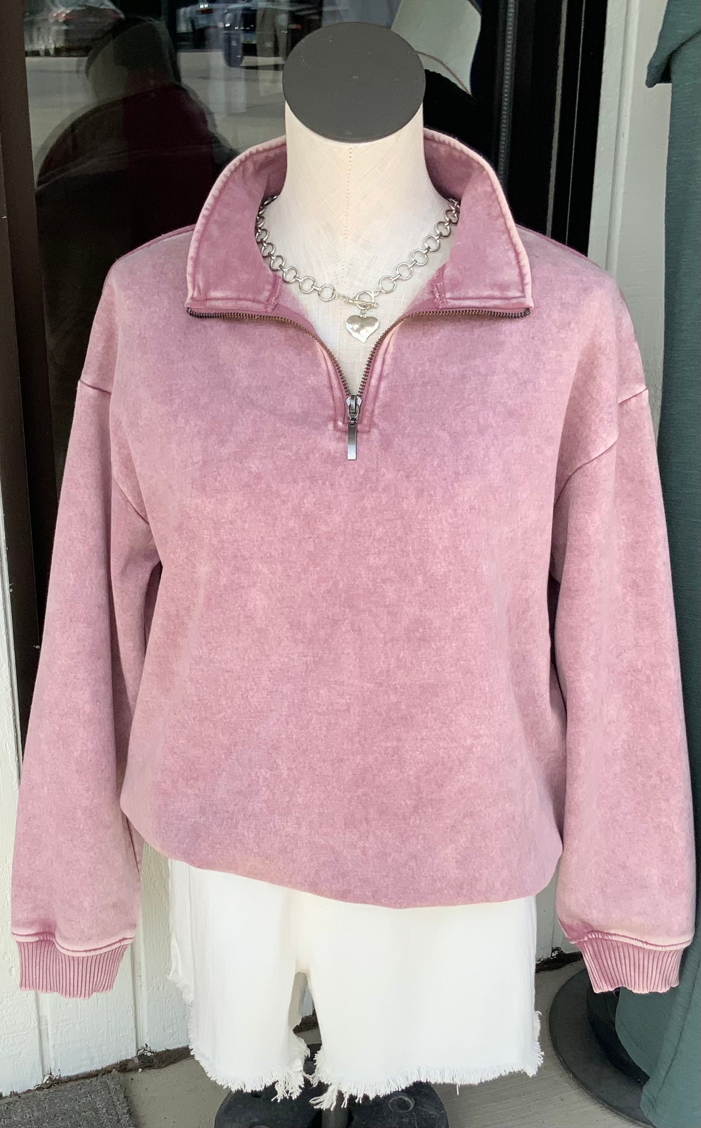 1/4 Zip Acid Wash Pullover ROSE