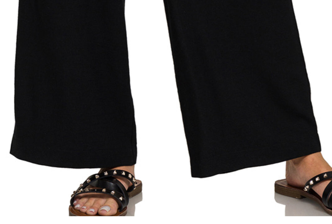 Pocketed Wide Leg Linen Blend BLACK
