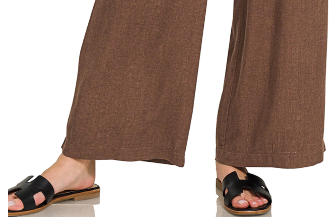 Pocketed Wide Leg Linen Blend BROWN