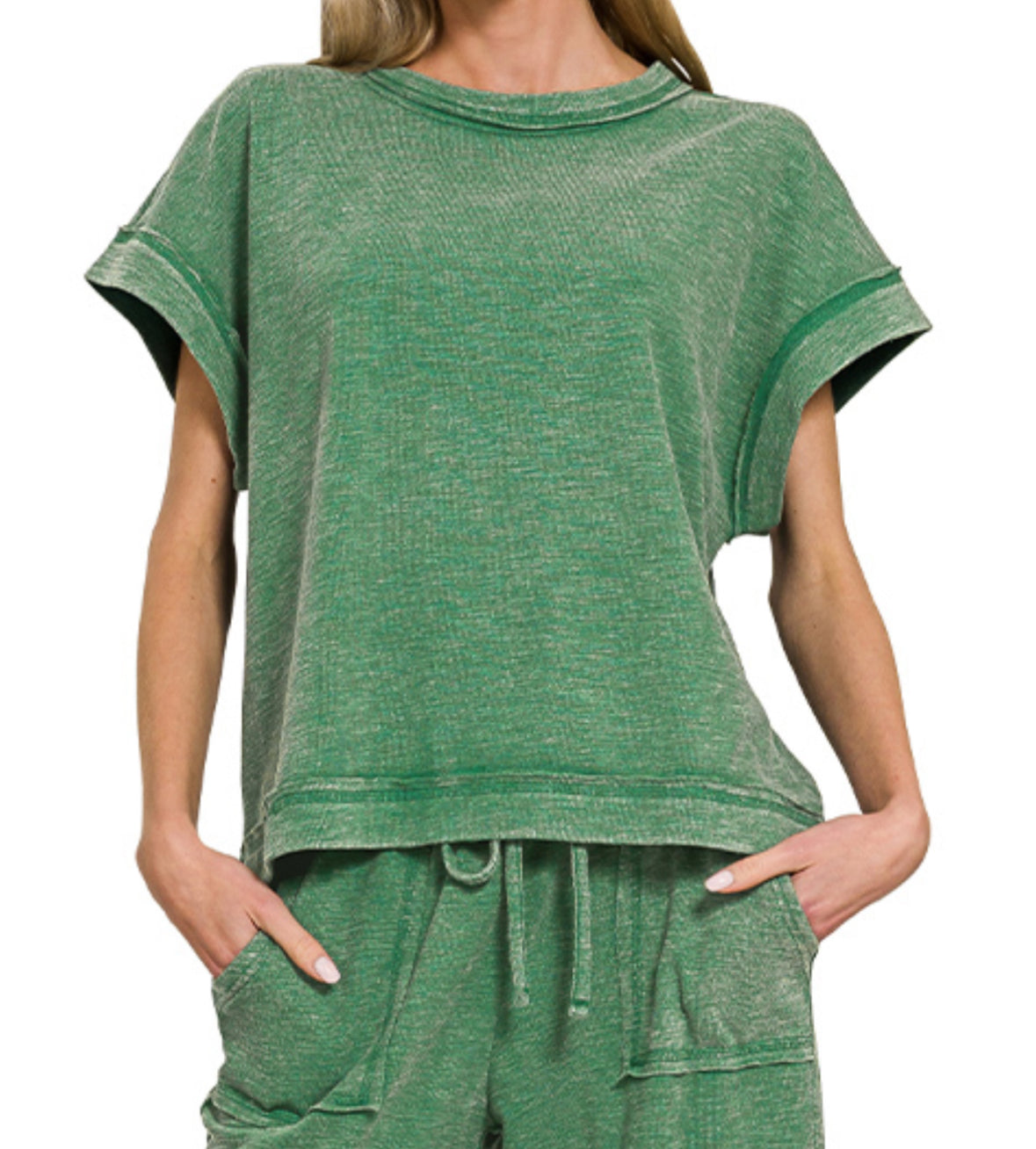 Stone Washed Slub Top & Pant Set GREEN 29.5"