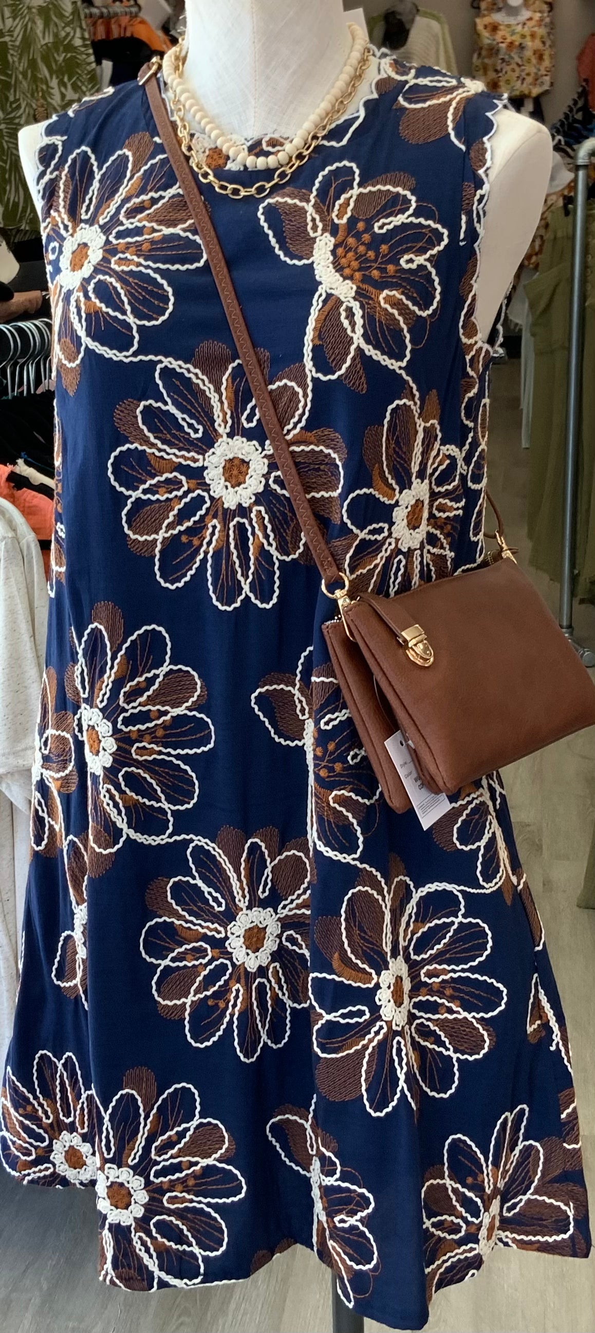 Floral Embroidery A~Line Dress NAVY