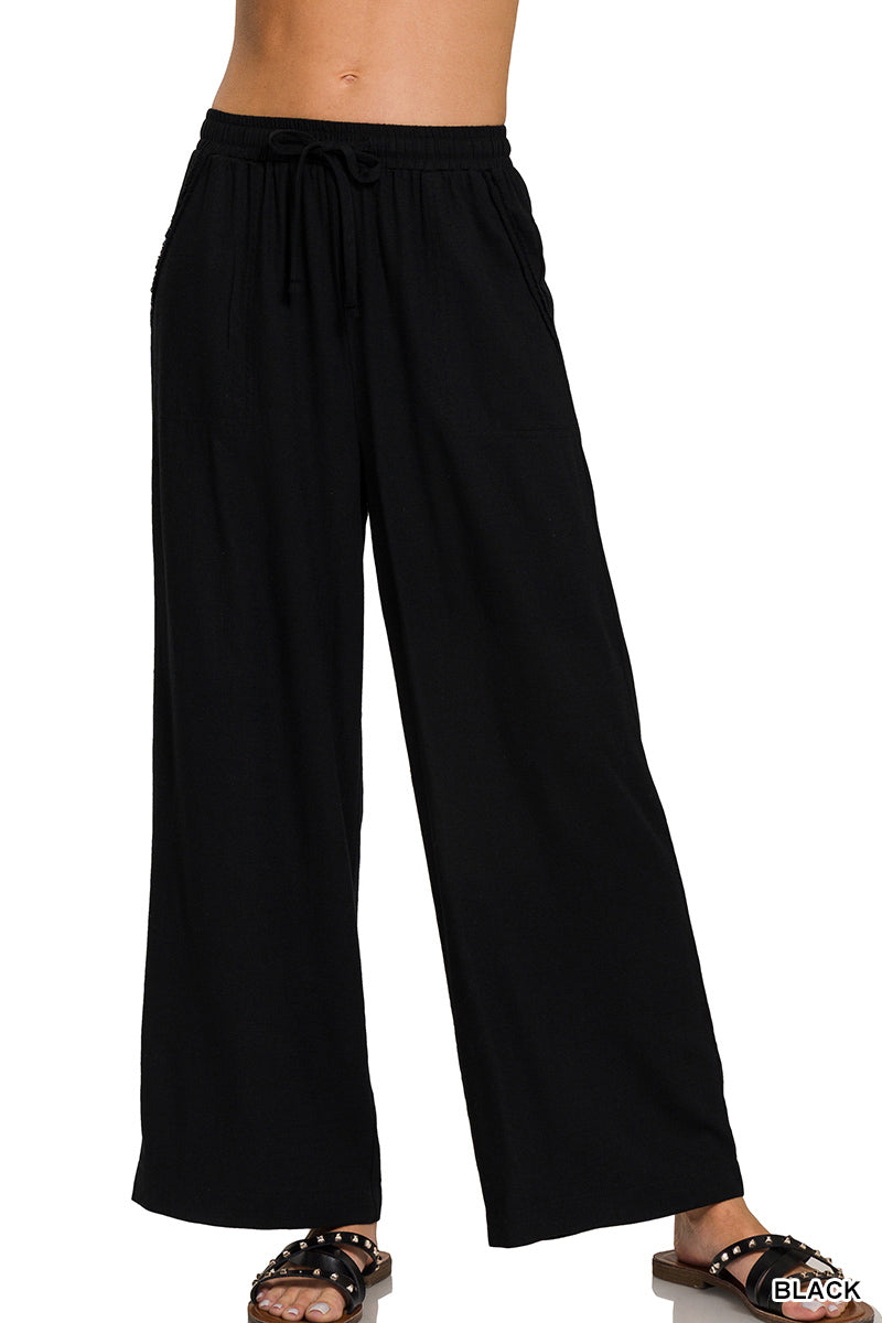 Pocketed Wide Leg Linen Blend BLACK
