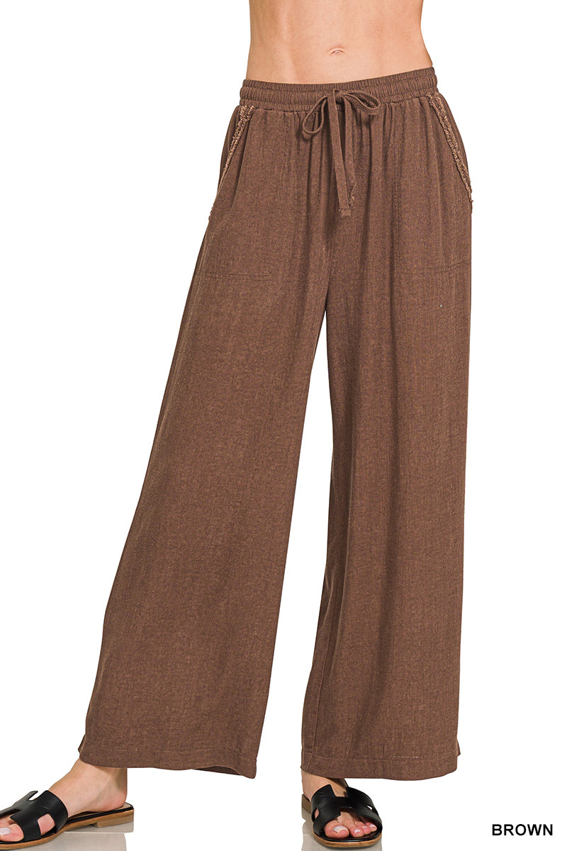 Pocketed Wide Leg Linen Blend BROWN