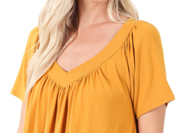 V-Neck Short Sleeve Shirring MUSTARD