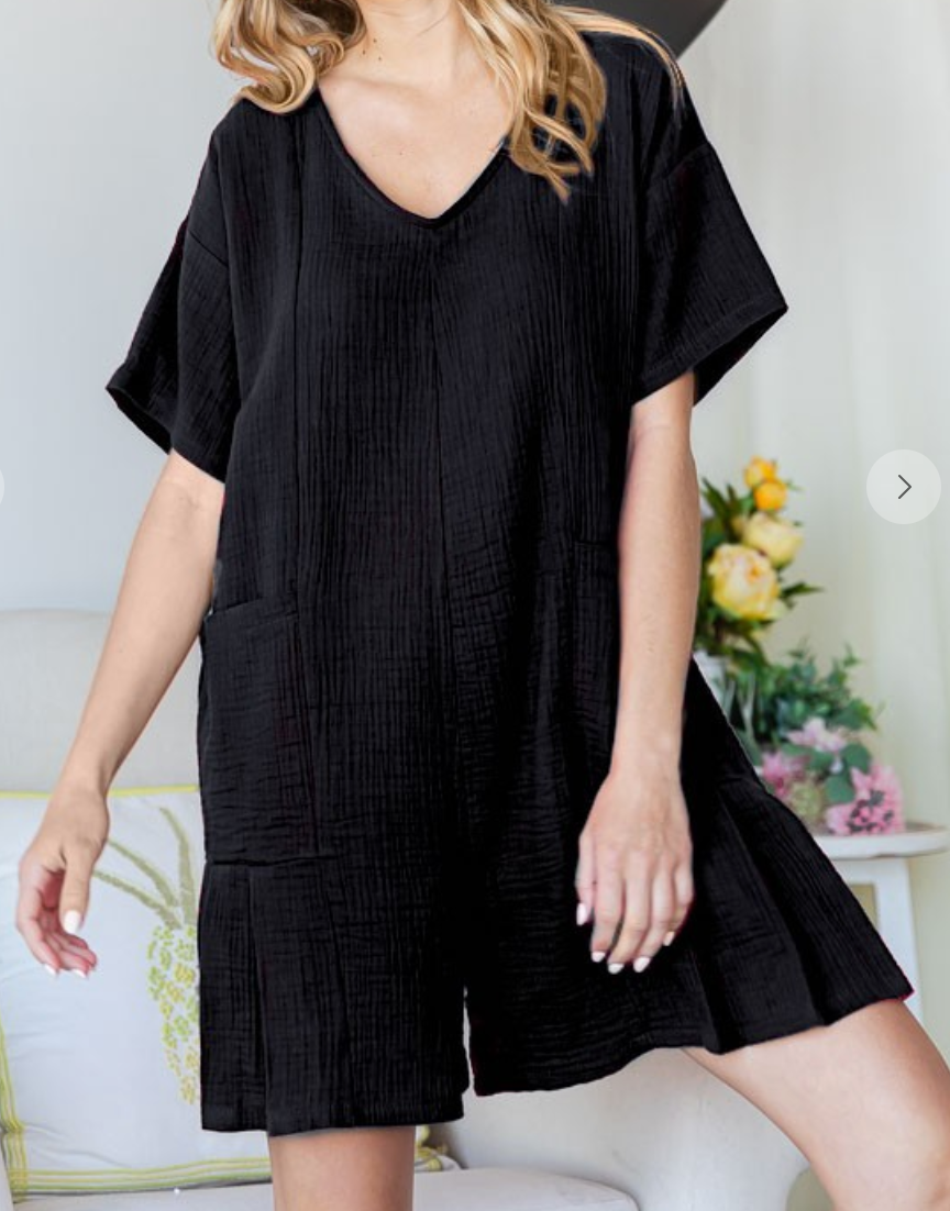 Crinkle Pleated Romper BLACK