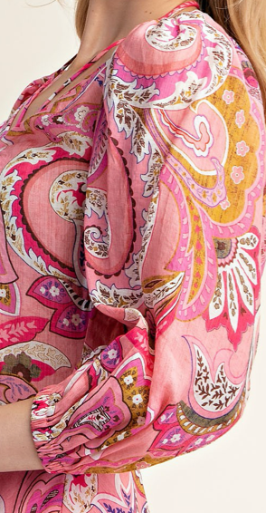 Paisley Puff Sleeve Dress PINK