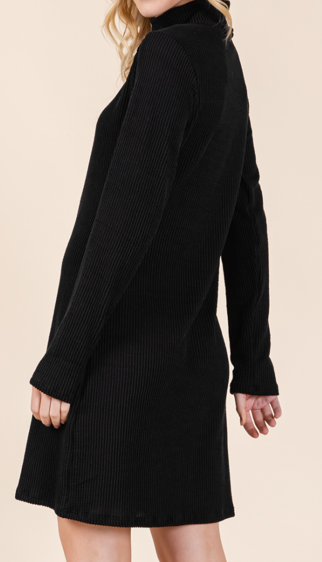 Midi Ribbed 3/4 Zip Dress BLACK
