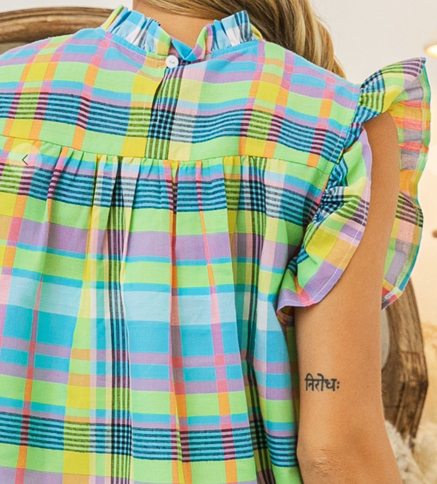 Plaid Smocking Ruffle Sleeve MULTI