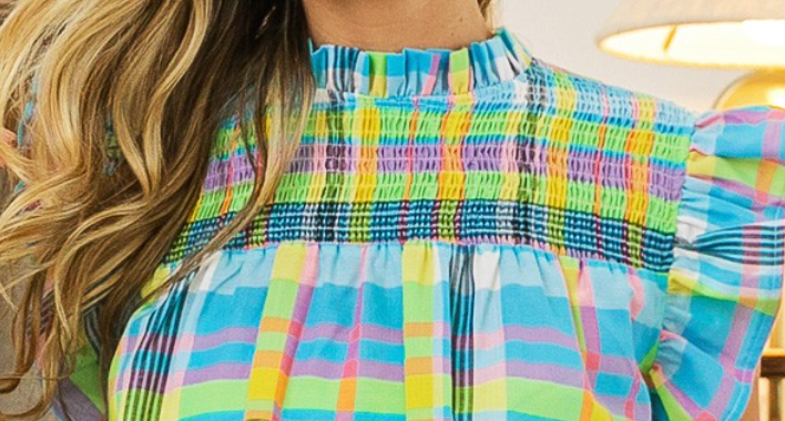 Plaid Smocking Ruffle Sleeve MULTI
