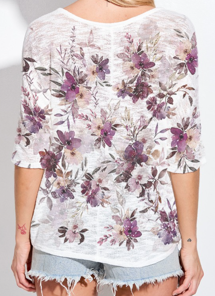 3/4 Floral Print Knit PLUM
