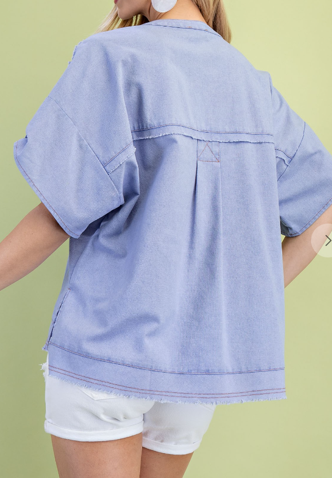 Fray Washed Linen Roll Sleeve PERIWINKLE