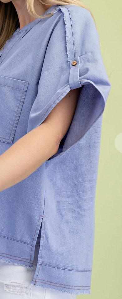 Fray Washed Linen Roll Sleeve PERIWINKLE