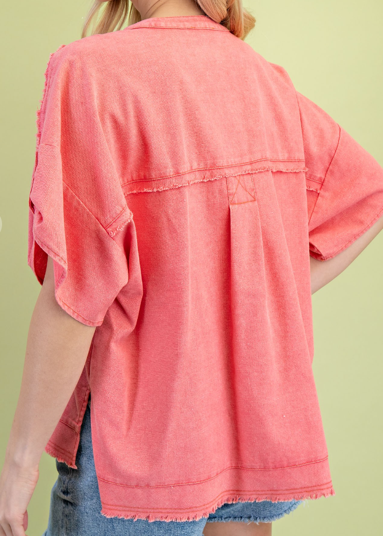 Fray Washed Linen Roll Sleeve CORAL
