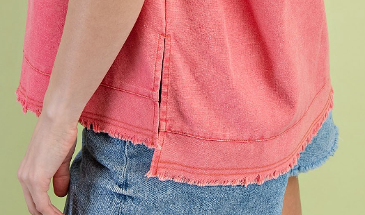 Fray Washed Linen Roll Sleeve CORAL