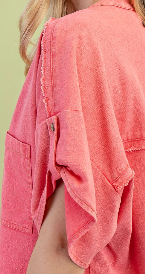 Fray Washed Linen Roll Sleeve CORAL