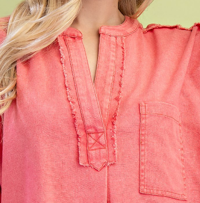 Fray Washed Linen Roll Sleeve CORAL