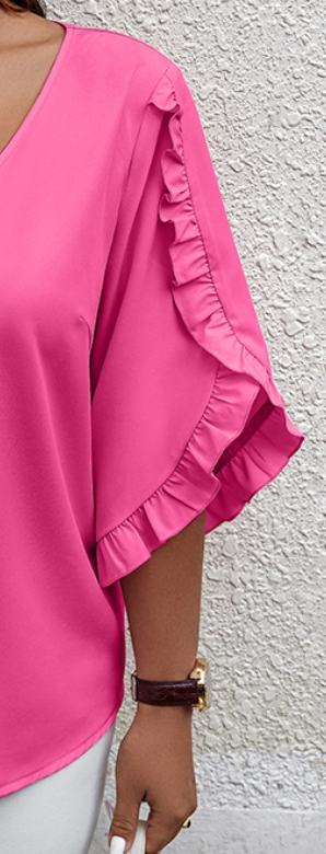 Plus V~Neck Ruffle Petal Sleeve FUCHSIA