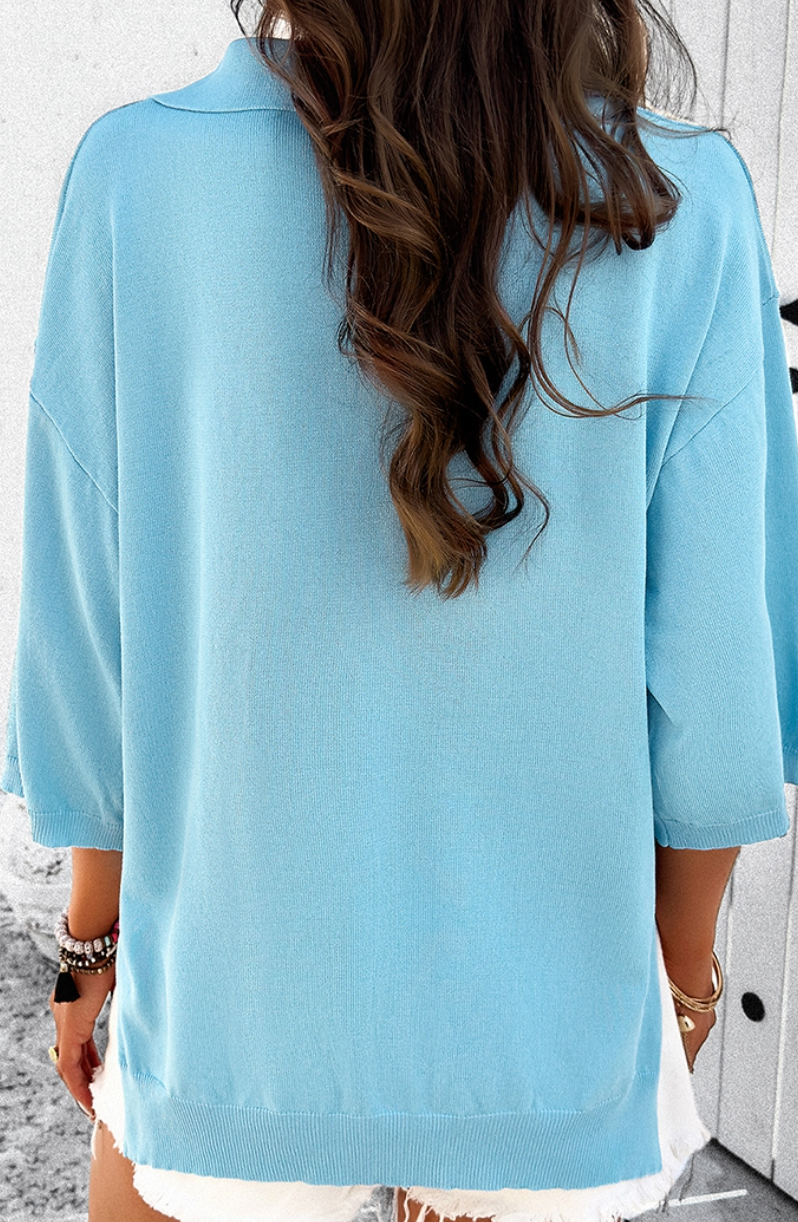 V~Neck Knit Short Sleeve Sweater SKY