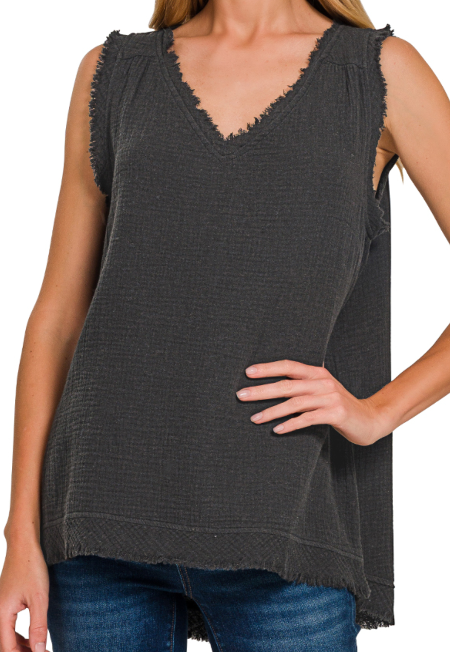 Double Gauze Raw Edge Tank CHARCOAL