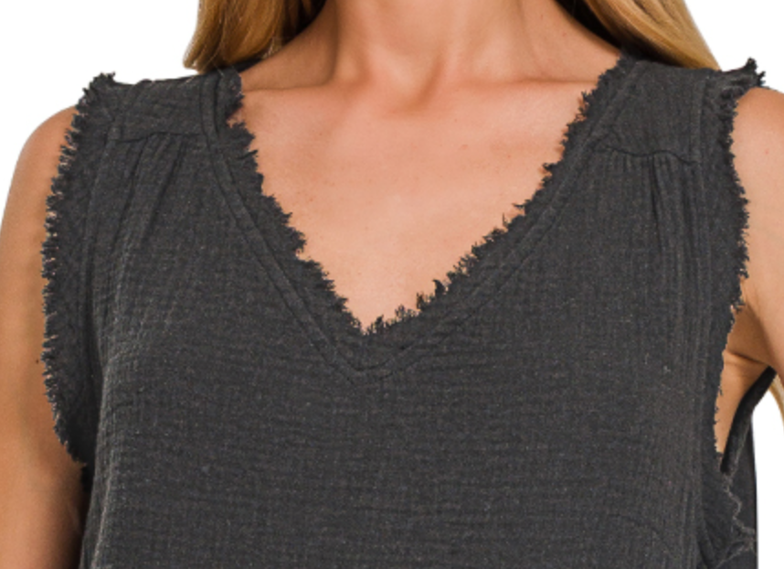 Double Gauze Raw Edge Tank CHARCOAL
