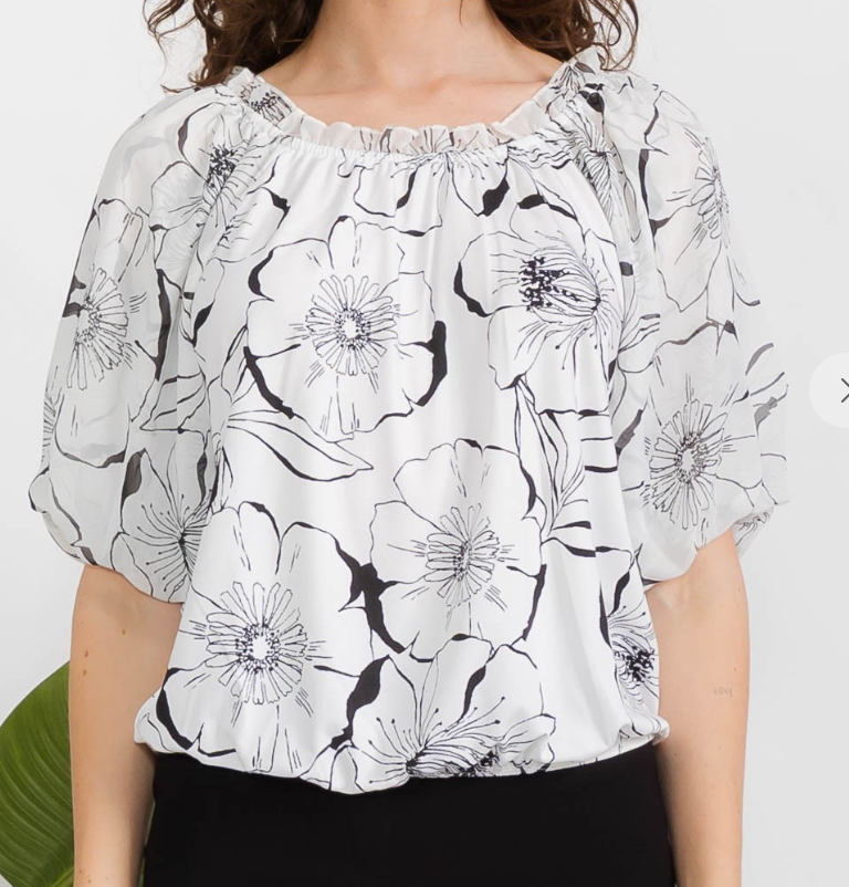 Bubble Ruffle Neck Peasant B&W