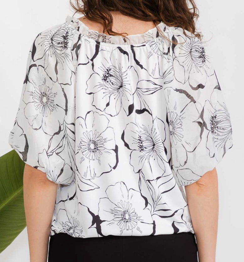 Bubble Ruffle Neck Peasant B&W