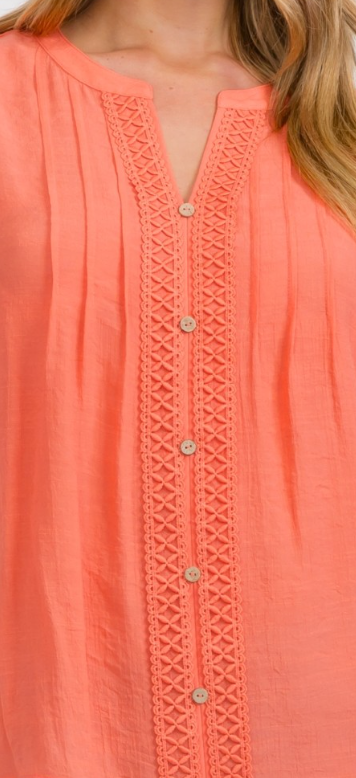Crochet Pintuck Shirt CORAL