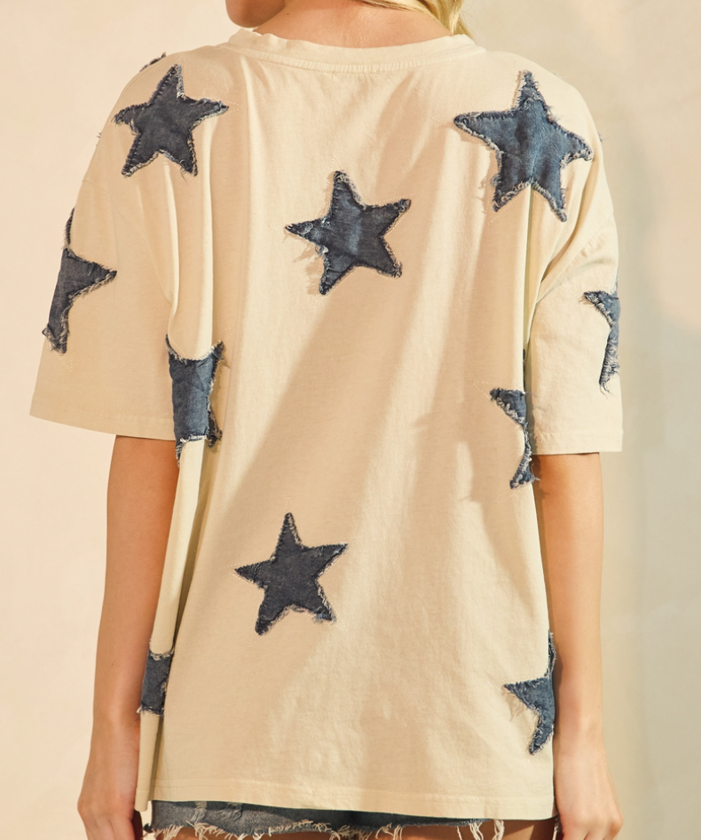 Denim Fray Star Tee CREAM