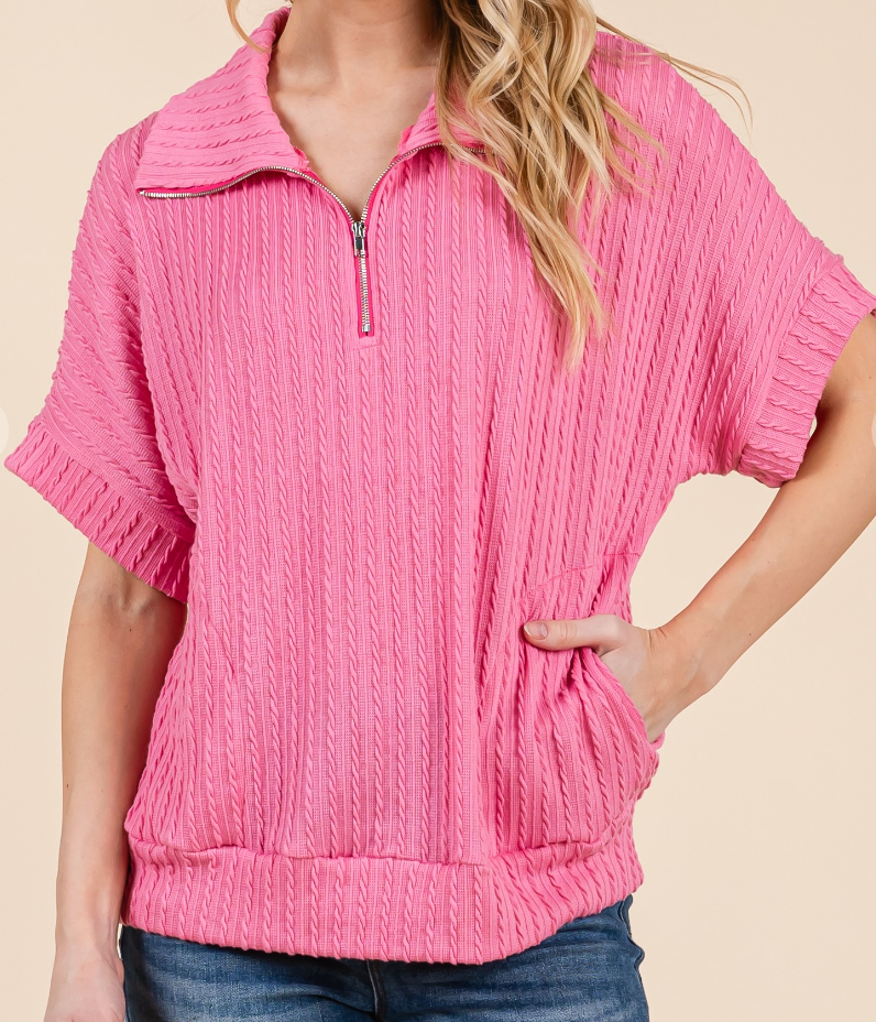 1/4 zip Pocketed Textured Rib PINK