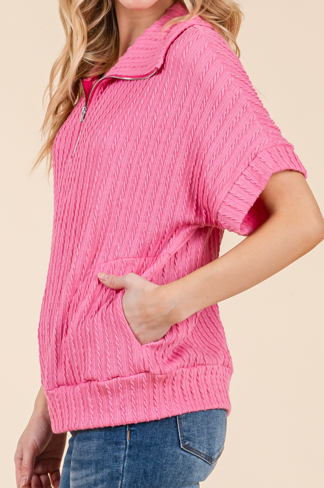1/4 zip Pocketed Textured Rib PINK
