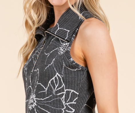 Floral Zip Up Collared Dress BLACK