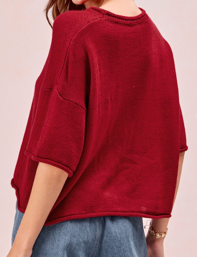 Roll Up Detail Sweater CRIMSON