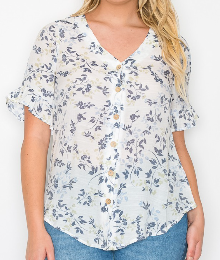 Gauze Floral Ruffle Sleeve WHITE