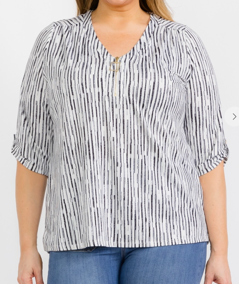 PS Square Zipper Pull Roll Tab Blouse B&W