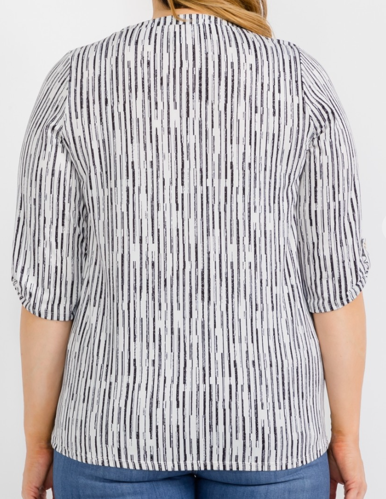PS Square Zipper Pull Roll Tab Blouse B&W