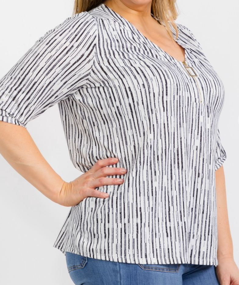 PS Square Zipper Pull Roll Tab Blouse B&W